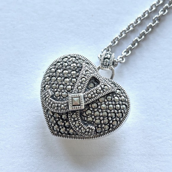 Judith Jack‎ Sterling Silver Necklace Puffy Heart Locket Marcasite Pendant New - Picture 2 of 12